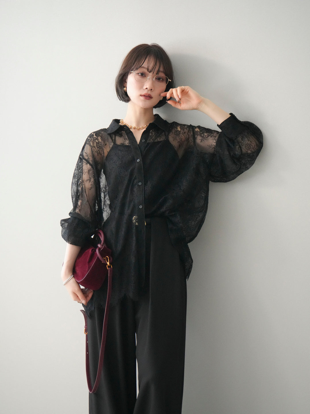 [予約]総レースボリュームスリーブシャツ/black