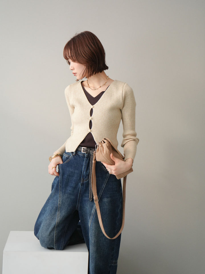 [予約]Vネック配色レイヤードスリットニットトップス/beige