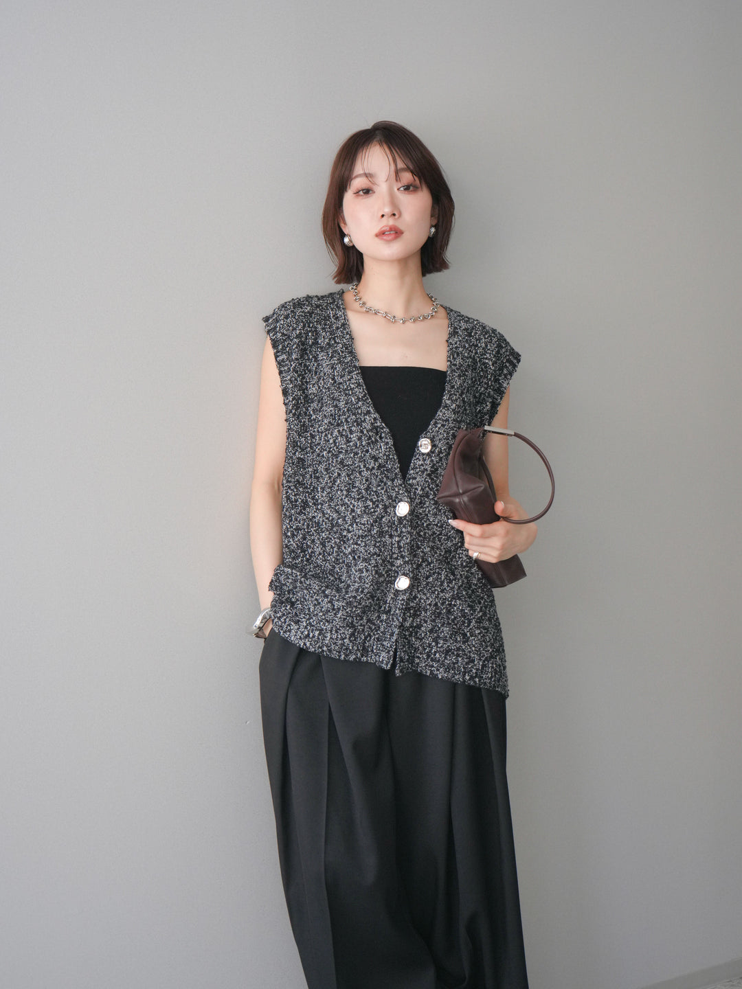 [予約]ミックススラブメタルボタンニットベスト/black