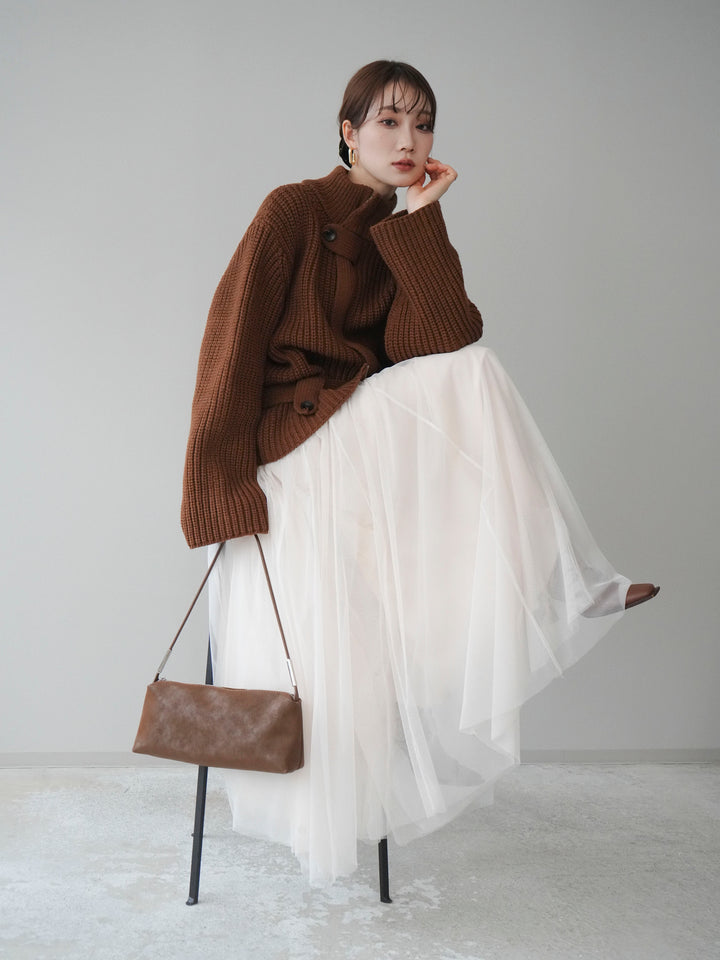 [予約]畦編みボトルネックZIPニットカーディガン/brown