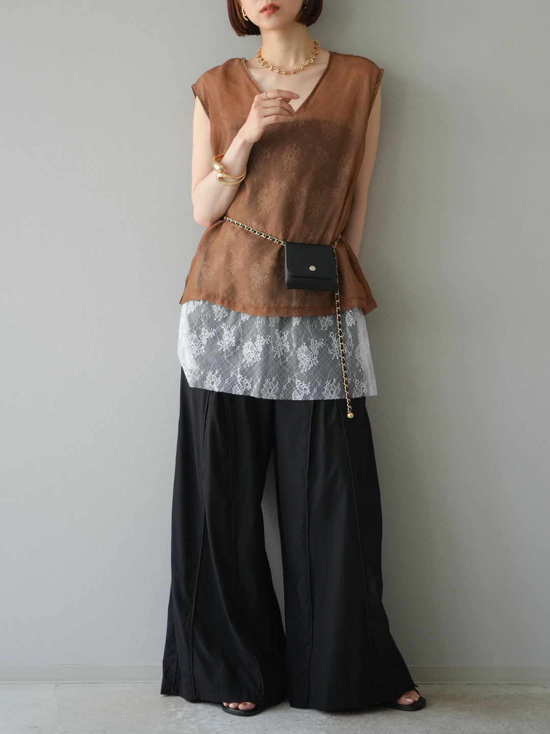 [予約]レースレイヤードオーガンジートップス/ブラウン