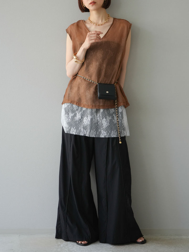 [予約]レースレイヤードオーガンジートップス/ブラウン