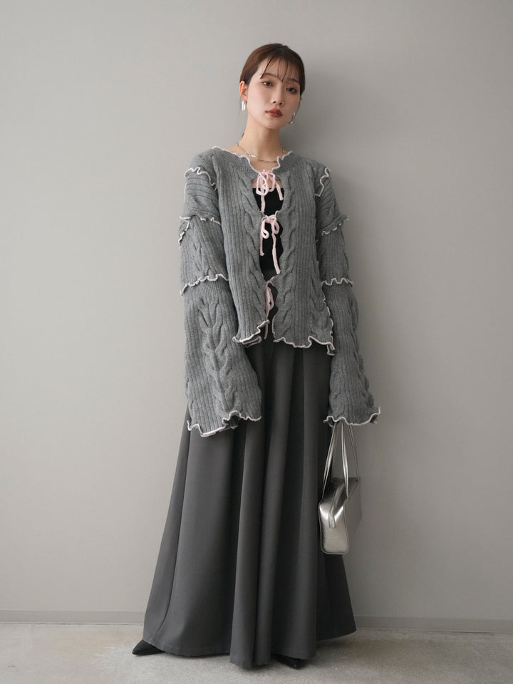 [予約]フロントリボン配色メローニットカーディガン/gray