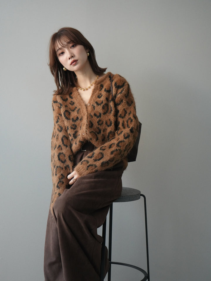 [SET]モヘアタッチレオパード柄ニットカーディガン+モチーフベルト付スエードタックワイドパンツ(2set)