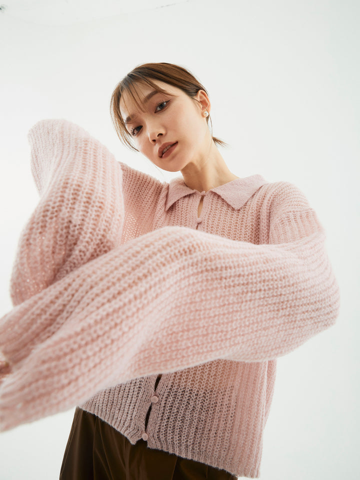 【Allure】[SET]起毛片畦編みシアーポロニット+タフタワイドカーブパンツ(2set)