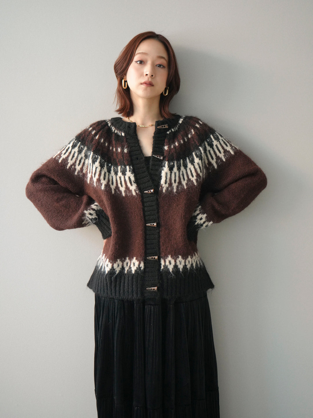 [予約]トグルボタン求心柄ニットカーディガン/brown