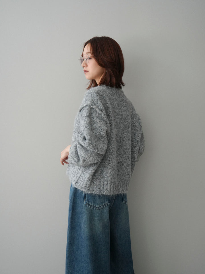 [SET]ミックスヤーンダブルZIPニットカーディガン+ベルト付裏起毛カーブデニムパンツ(2set)