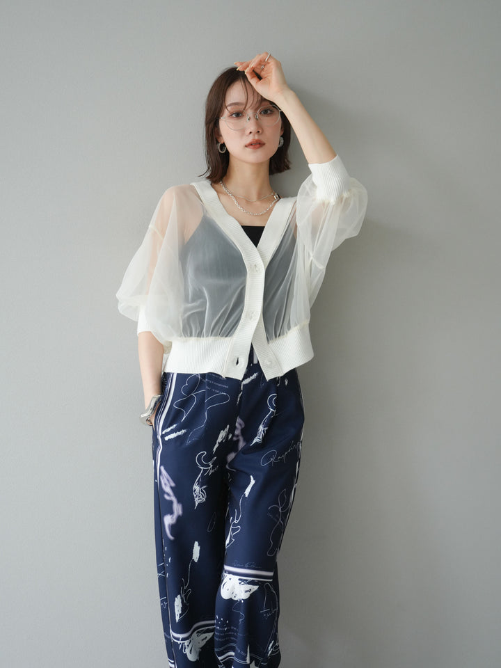 [SET] 透視半袖褶皺開襟衫 + 彩繪圖案褶襉褲 (2set)