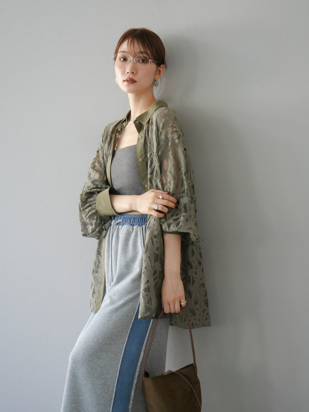 [SET]コードレースオーバーシャツ+デニムドッキングスウェットスカート(2set)