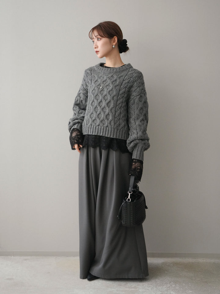 [SET]バルキーケーブルクロップドニットプルオーバー+テープベルトタックバギーパンツ(2set)
