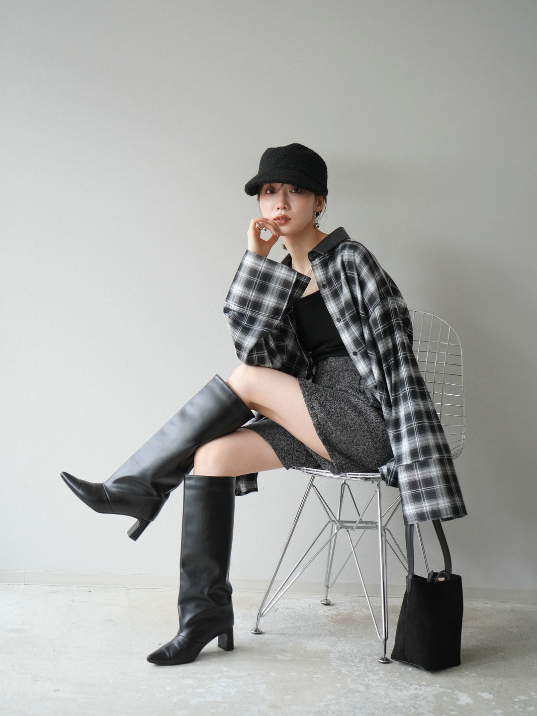 【着回しセット】[SET]レザー襟オンブレチェックオーバーシャツ +クラッシュベロアナロースカート+ツイードハーフパンツ(3set)