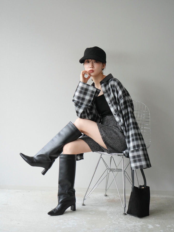 【着回しセット】[SET]レザー襟オンブレチェックオーバーシャツ +クラッシュベロアナロースカート+ツイードハーフパンツ(3set)
