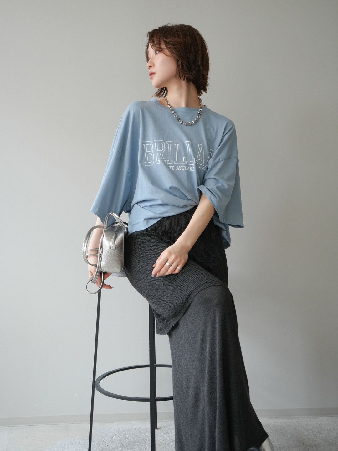 [SET]ボックスシルエットロゴTEE+レイヤードラップニットスカート(2set)