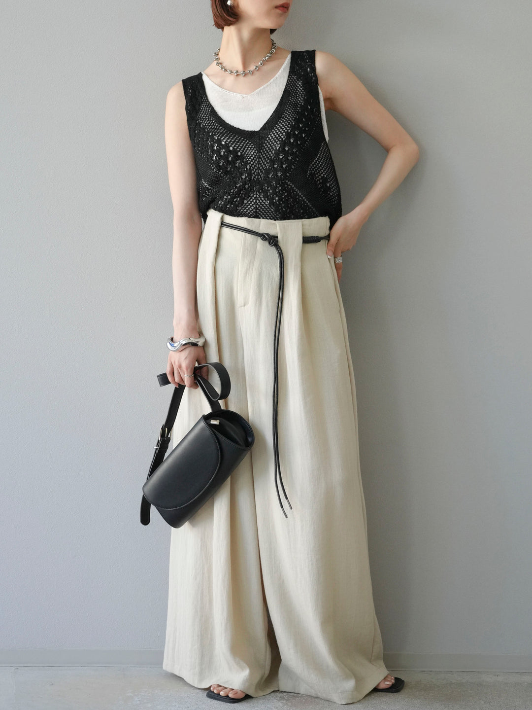 【預購】繩紋設計腰帶亞麻觸感寬褲/米色