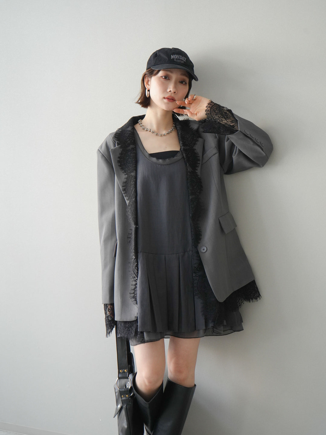 [予約]チュールドッキング裾プリーツミニワンピース/charcoal