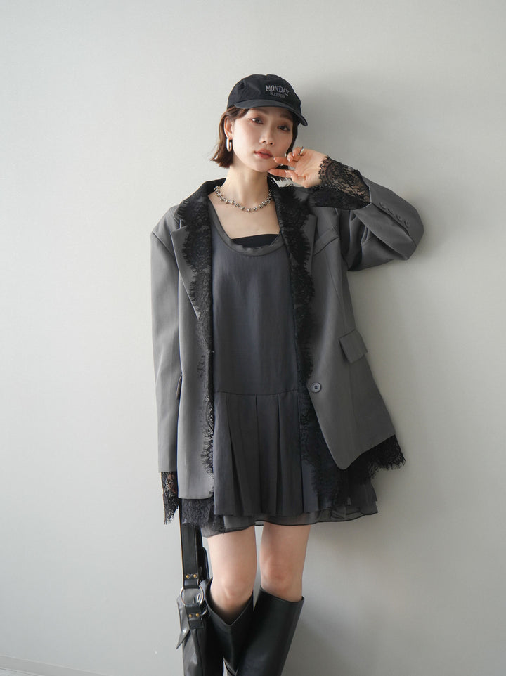 [予約]チュールドッキング裾プリーツミニワンピース/charcoal
