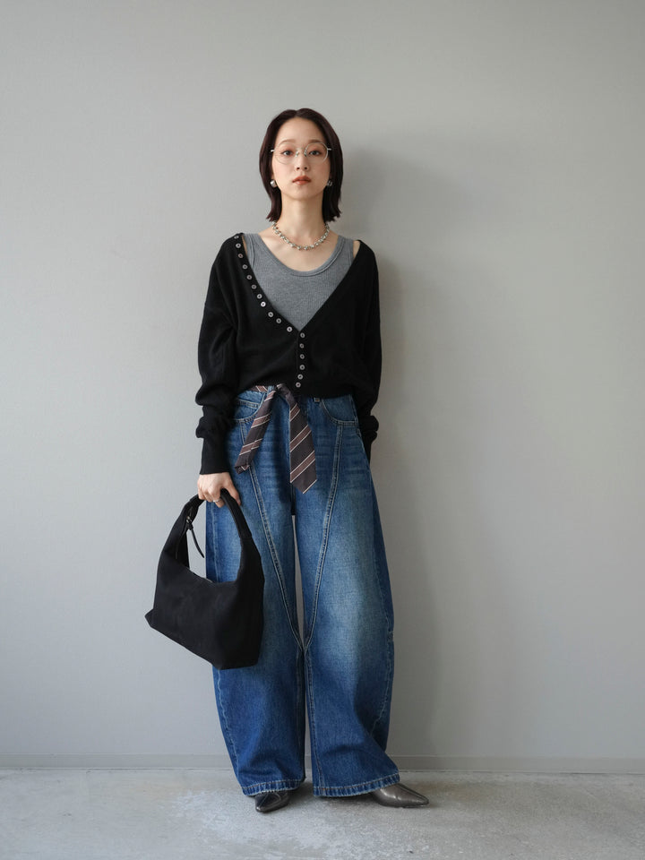 [予約]デザインボタンニットカーディガン＆タンクトップSET/ブラック