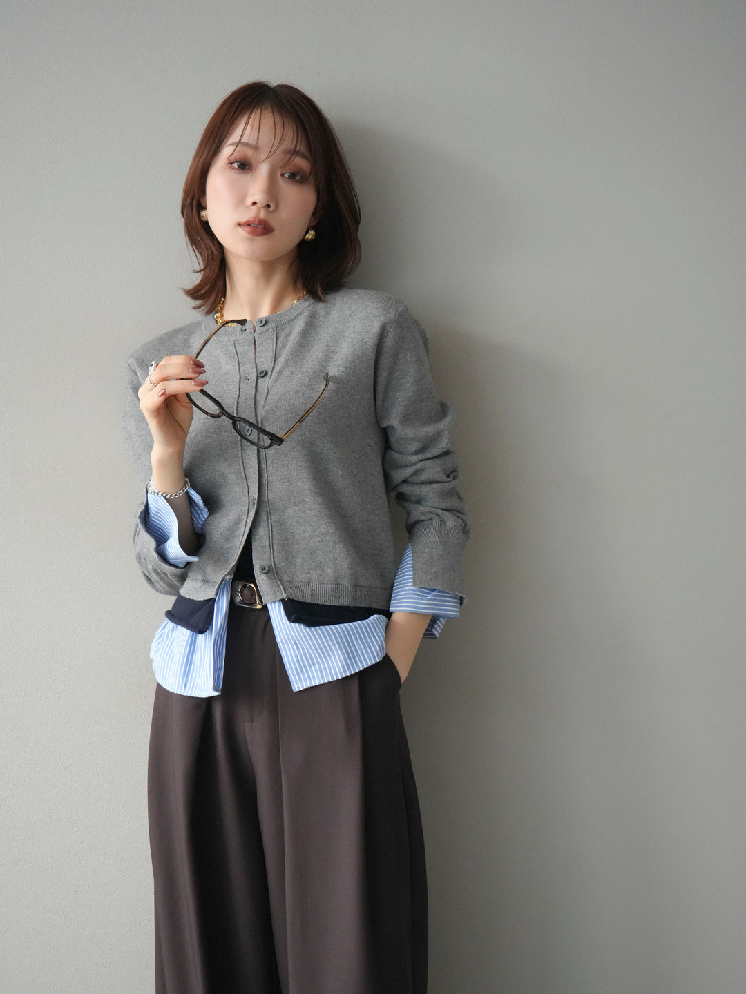 [SET]シャツ襟レイヤードニットカーディガン+ベルトループデザインワイドパンツ(2set)