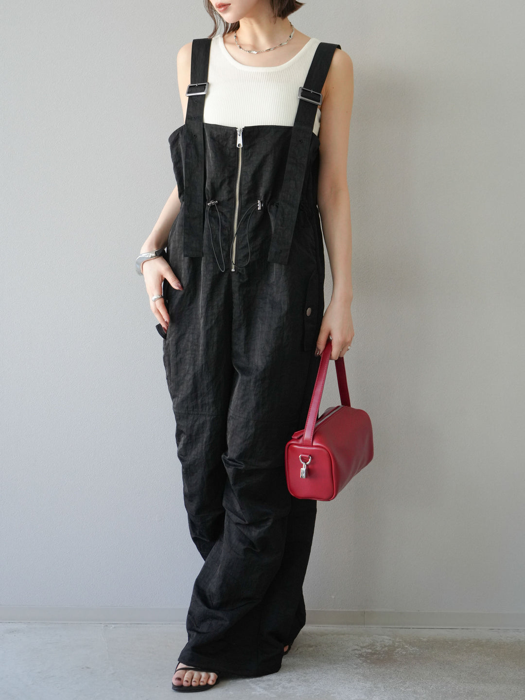 [予約]ナイロンタックデザインサロペット/ブラック