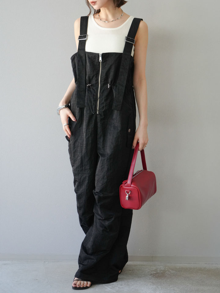 [予約]ナイロンタックデザインサロペット/ブラック