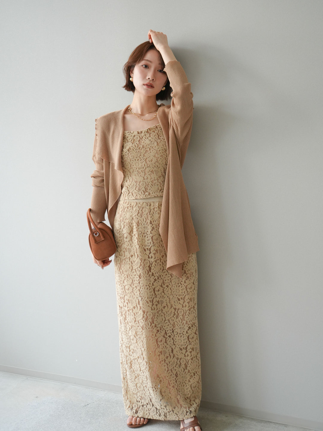 [SET]ドレープリブニットガウン+フルレースキャミ＆IラインスカートSET UP(2set)