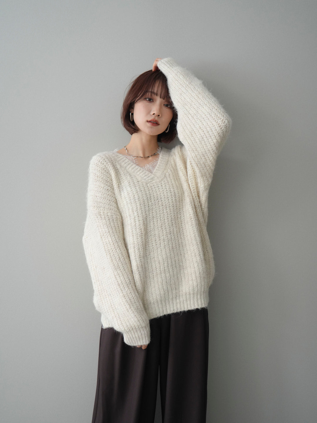 [SET]Vネックレースニットプルオーバー+ベルトループデザインワイドパンツ(2set)