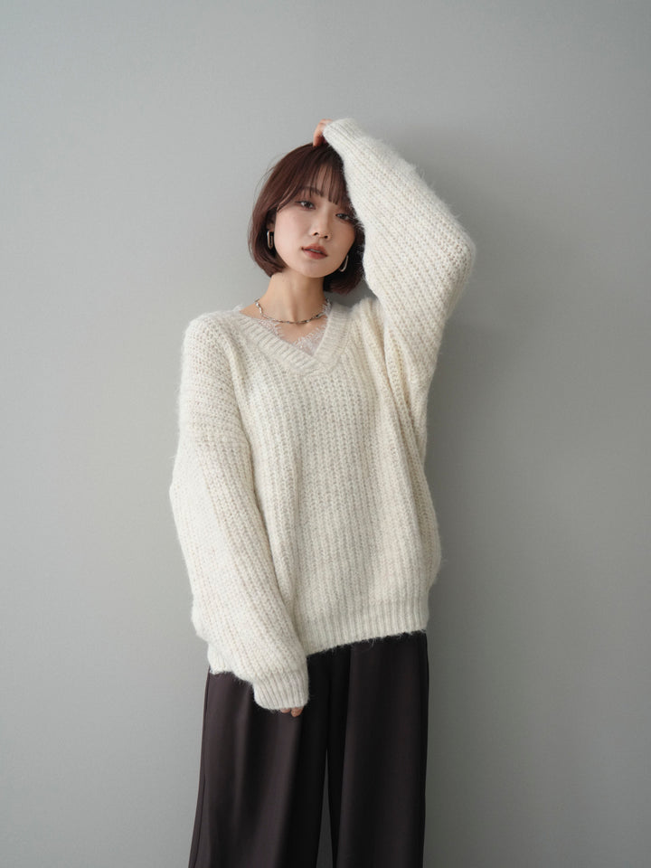 [SET]Vネックレースニットプルオーバー+ベルトループデザインワイドパンツ(2set)