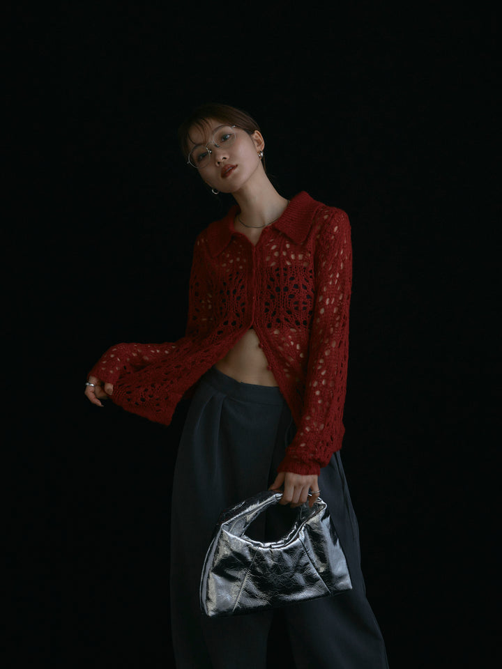 【Allure】[SET]ローゲージ透かし編みポロニッカーディガン+ローゲージ透かし編みポロニッカーディガン(2set)