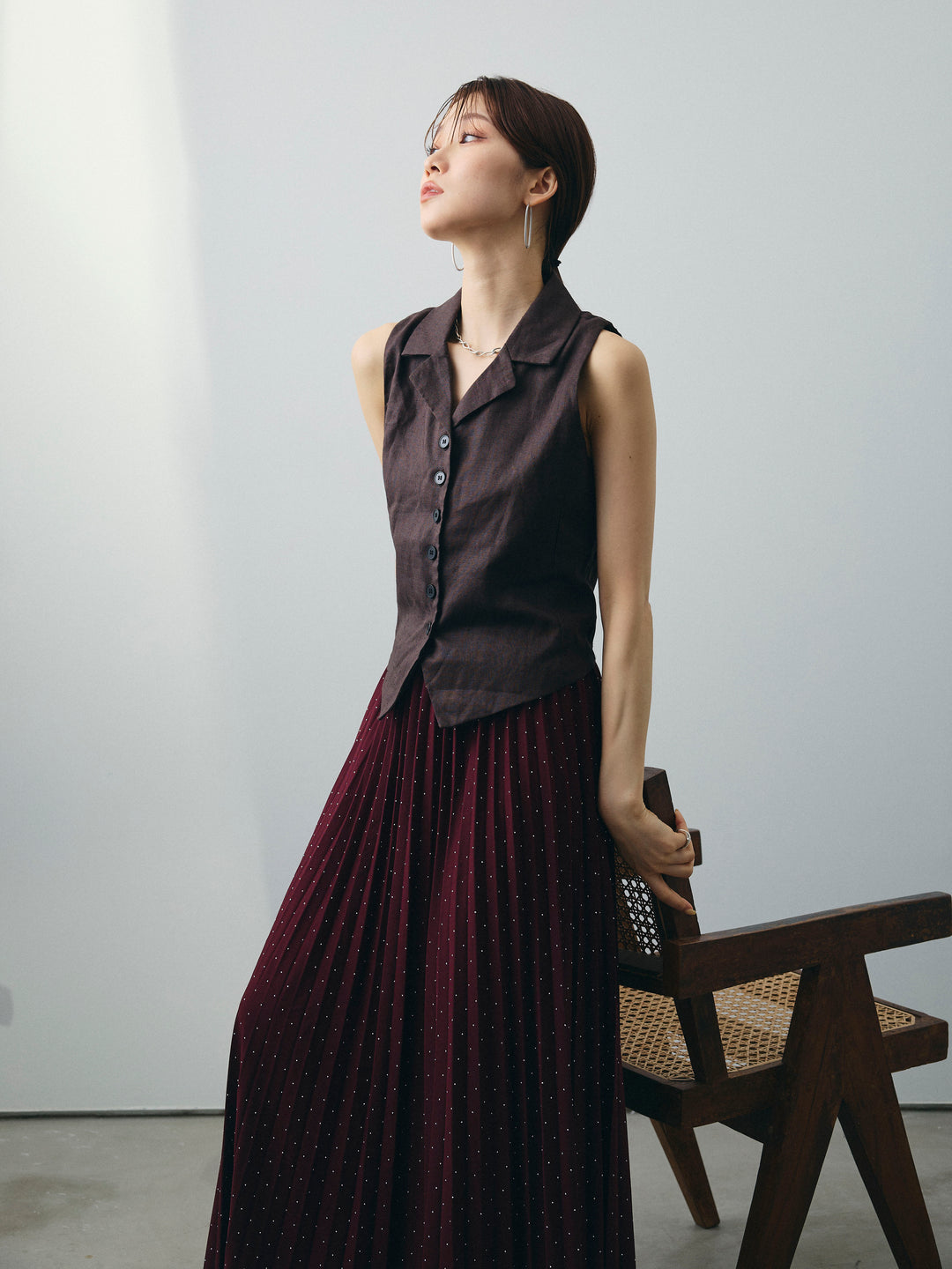 [予約]リネンライクテーラードジレ/ブラウン