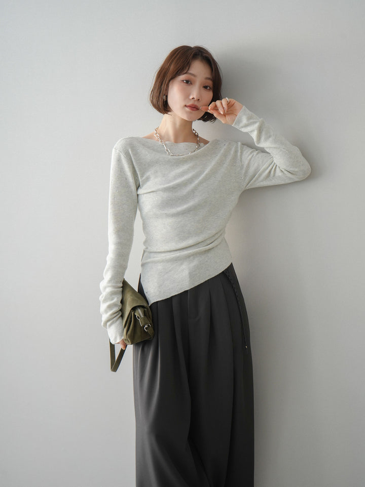[予約]ラインストーンアシンメトリーニットトップス/gray