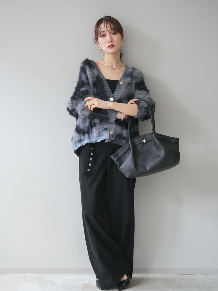 [SET]ニュアンス柄シャギーニットカーディガン+コーデュロイ巻きベルト付きパンツ(2set)