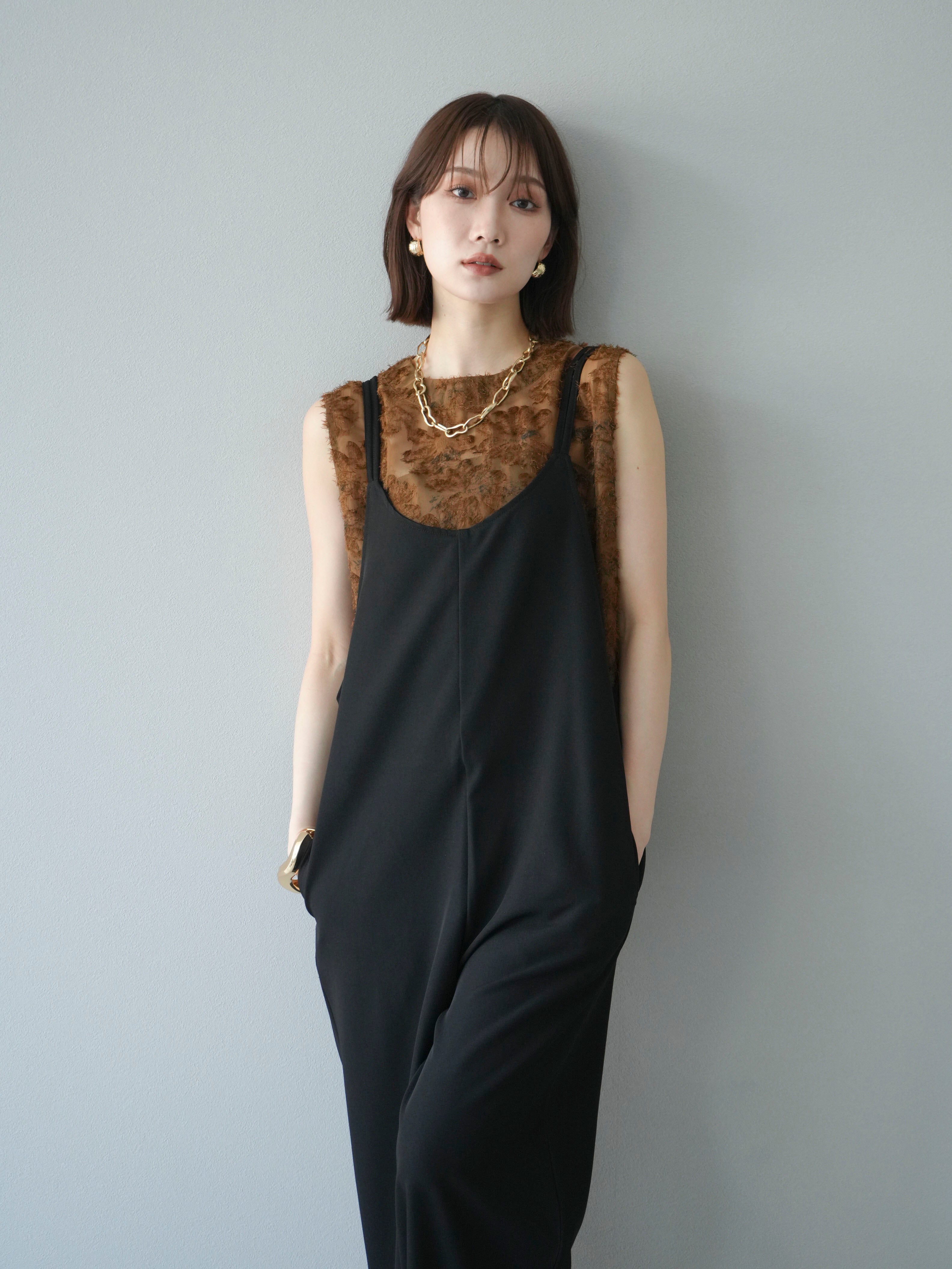 ブラックオールインワン バックストラップデザイン 予約]バックデザインダブルストラップオールインワン/ブラック