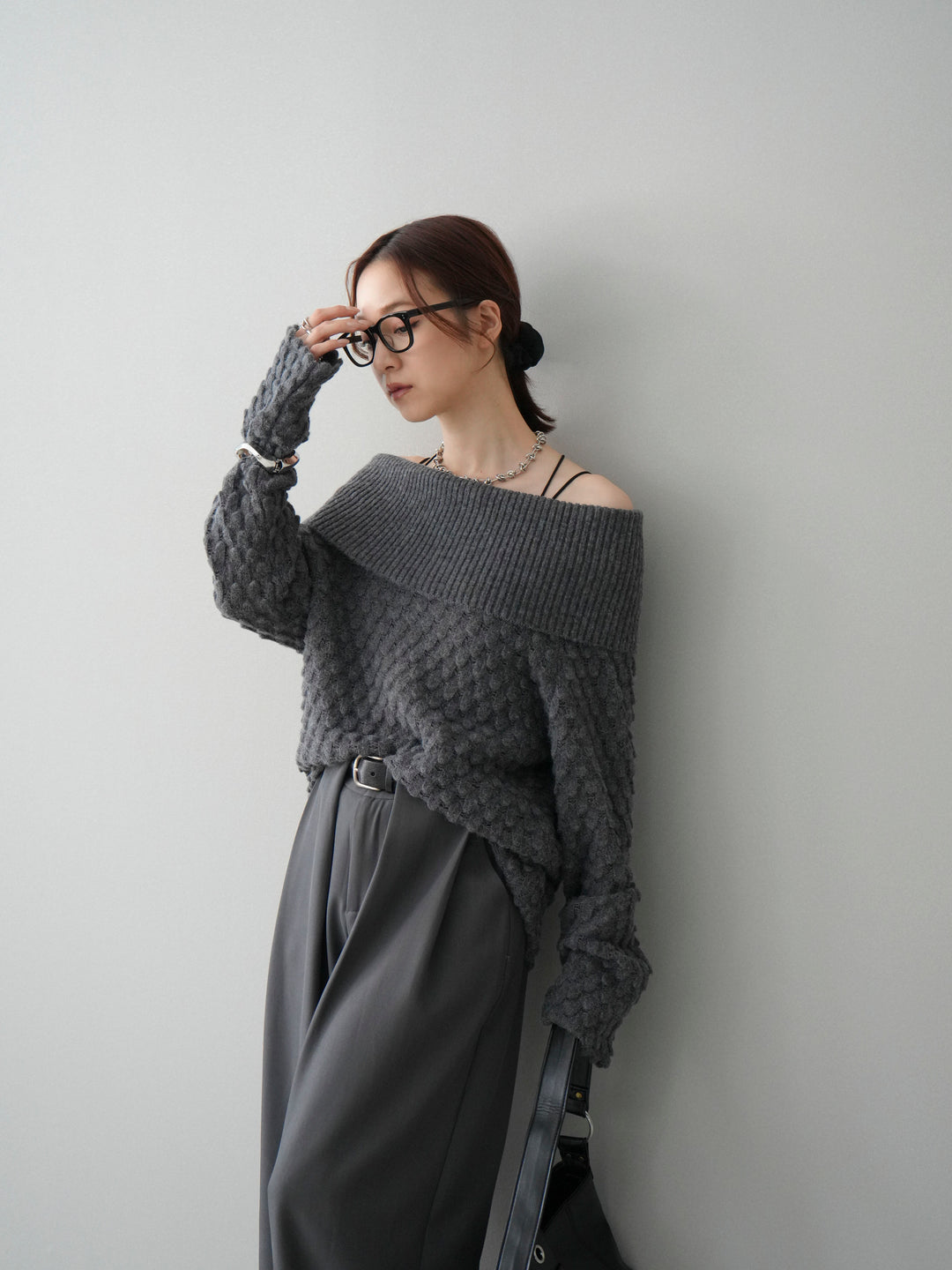 [SET]ポコポコ編みオフショルニットプルオーバー+ベルトループデザインワイドパンツ(2set)