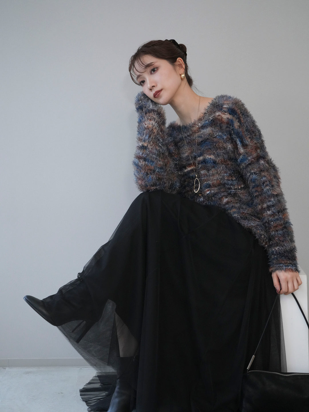 [予約]ミックスシャギールーズニットプルオーバー/blue