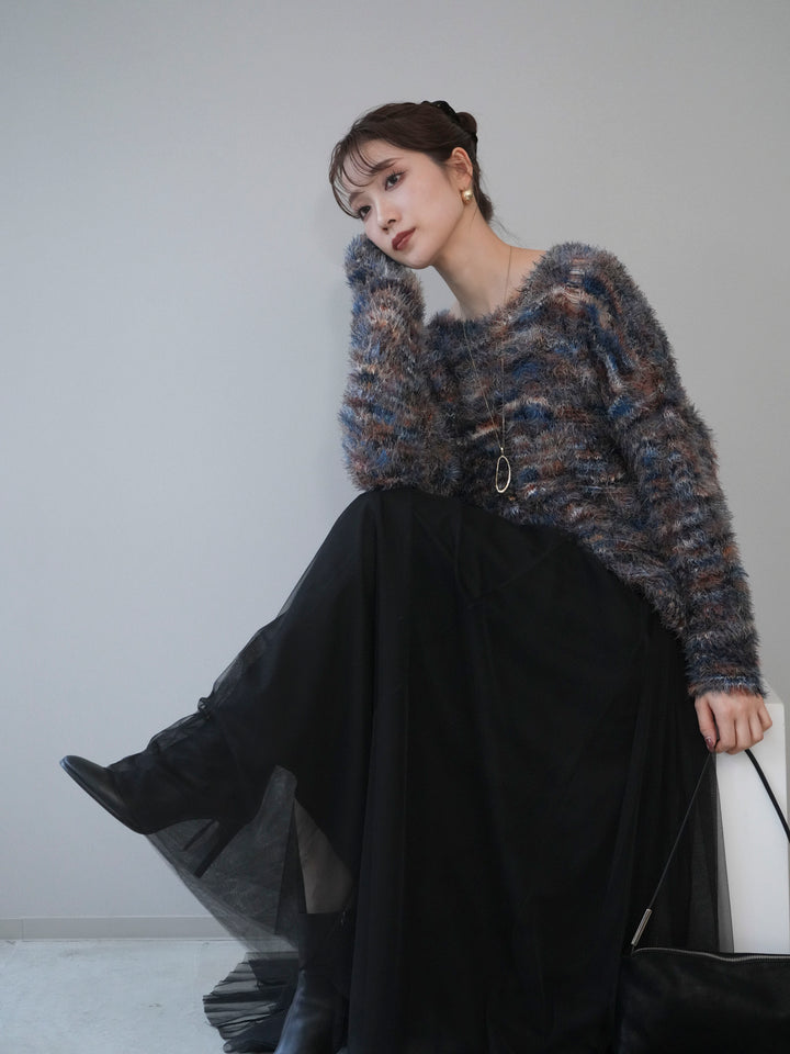 [予約]ミックスシャギールーズニットプルオーバー/blue