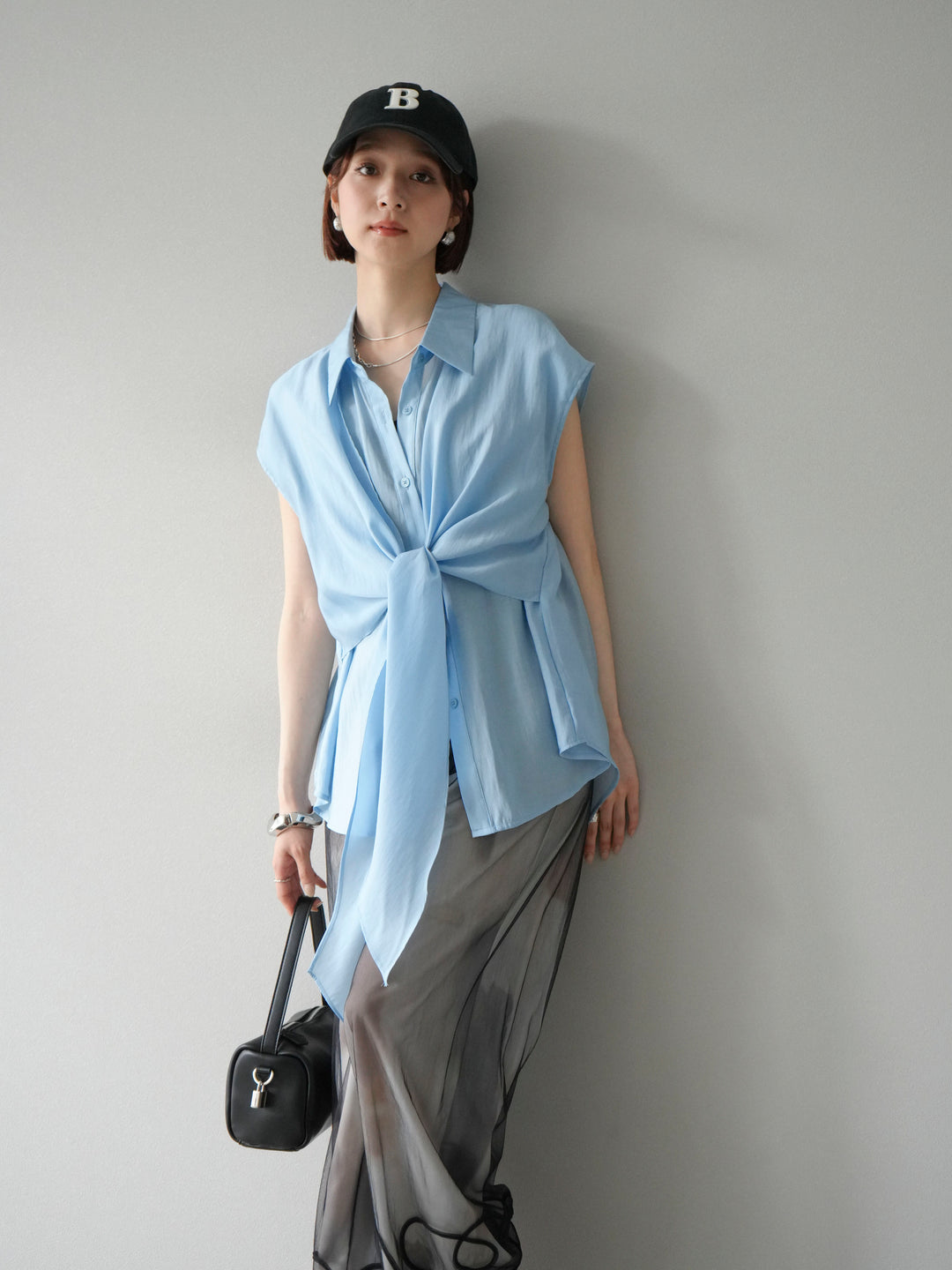 [SET] 前繫帶透視上衣 + 水彩藝術休閒褲 (2 件組)