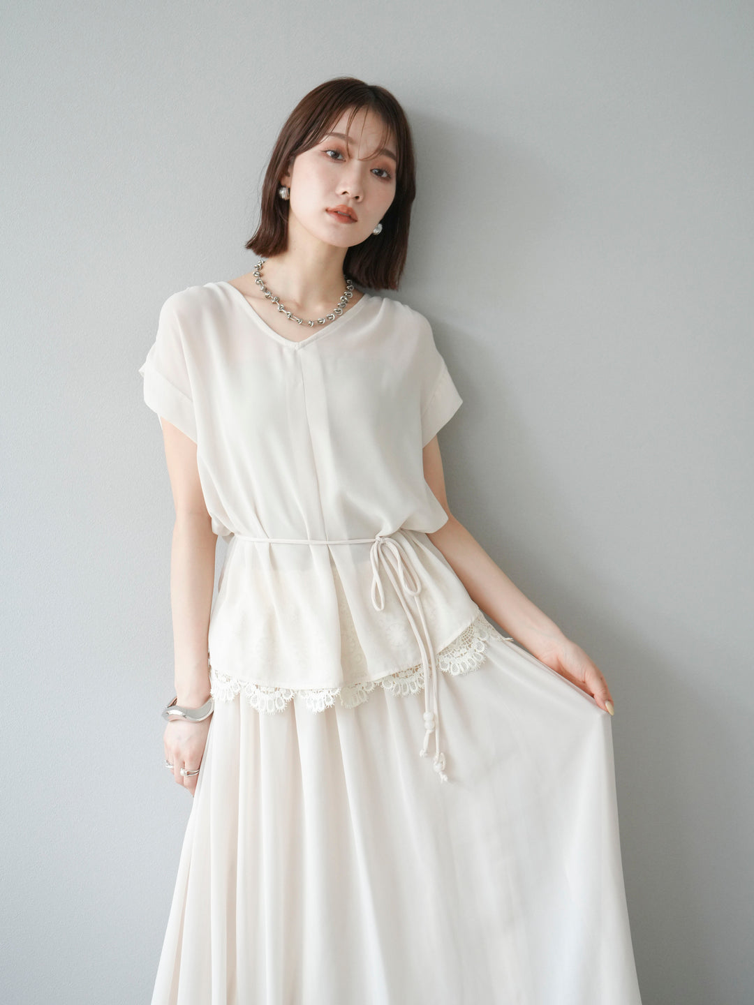 [SET]シフォンブラウス＆レースデザインフレアスカートSET UP(2set)