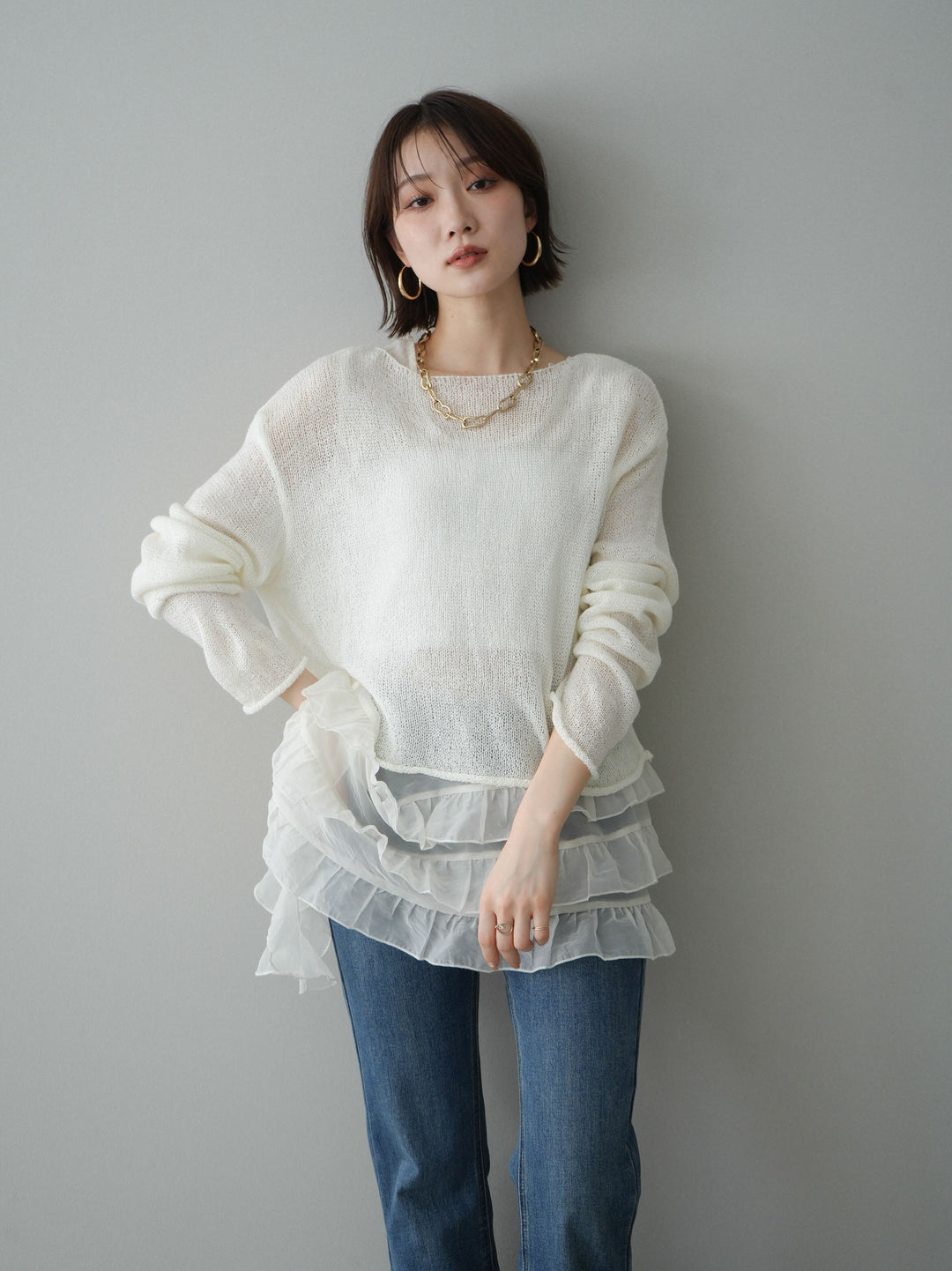[予約]ラッフルオーガンジータンクトップ＆ニットアンサンブル/white