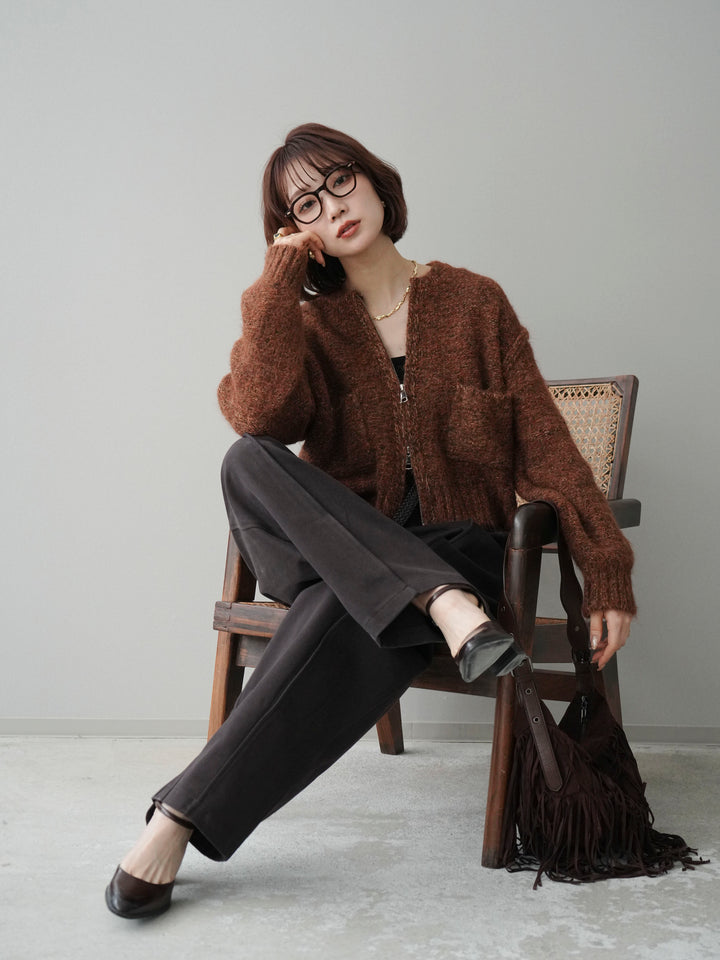 [SET]ミックスヤーンダブルZIPニットカーディガン+コットンツイルカーブパンツ(2set)