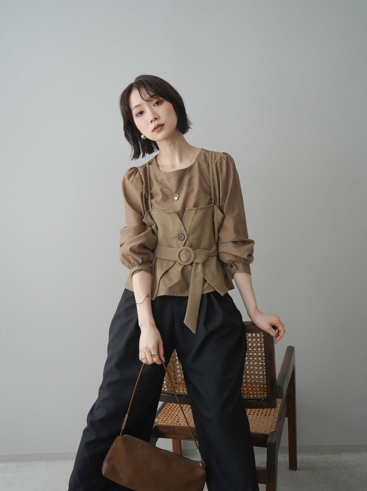 [SET]異素材ビスチェドッキングブラウス+異素材ビスチェドッキングブラウス(2set)