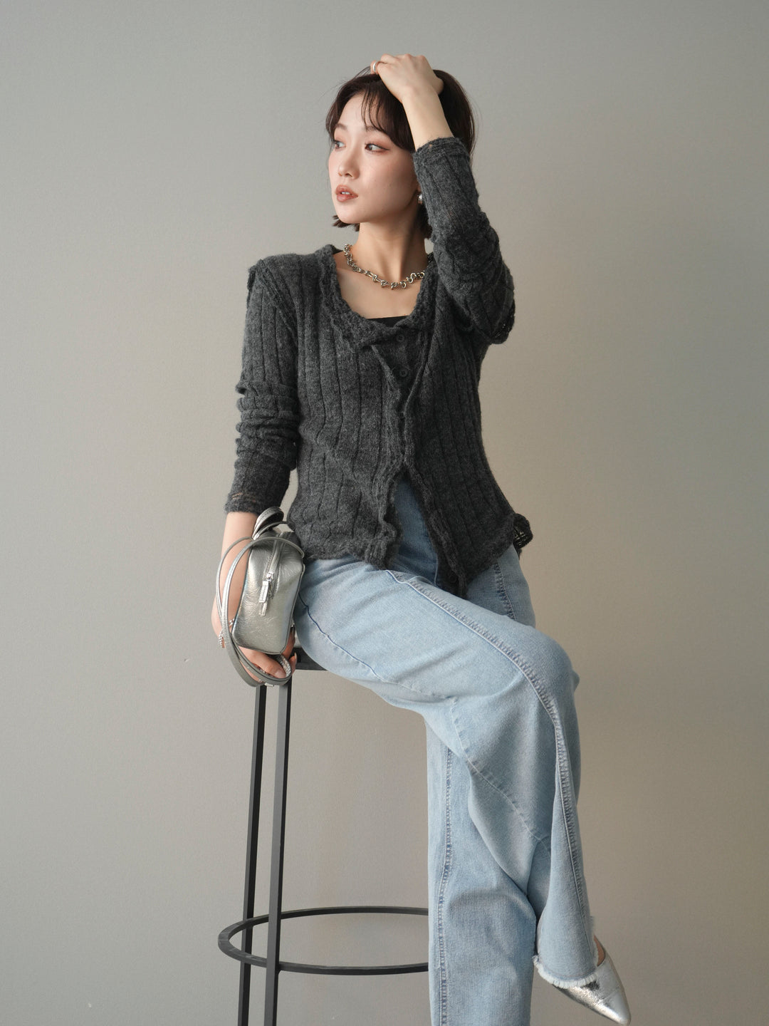 [予約]透かし襟モヘアタッチニットカーディガン/charcoal