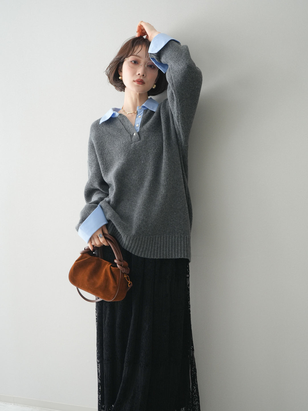 [予約]シャツドッキングオーバーニットプルオーバー/charcoalsax