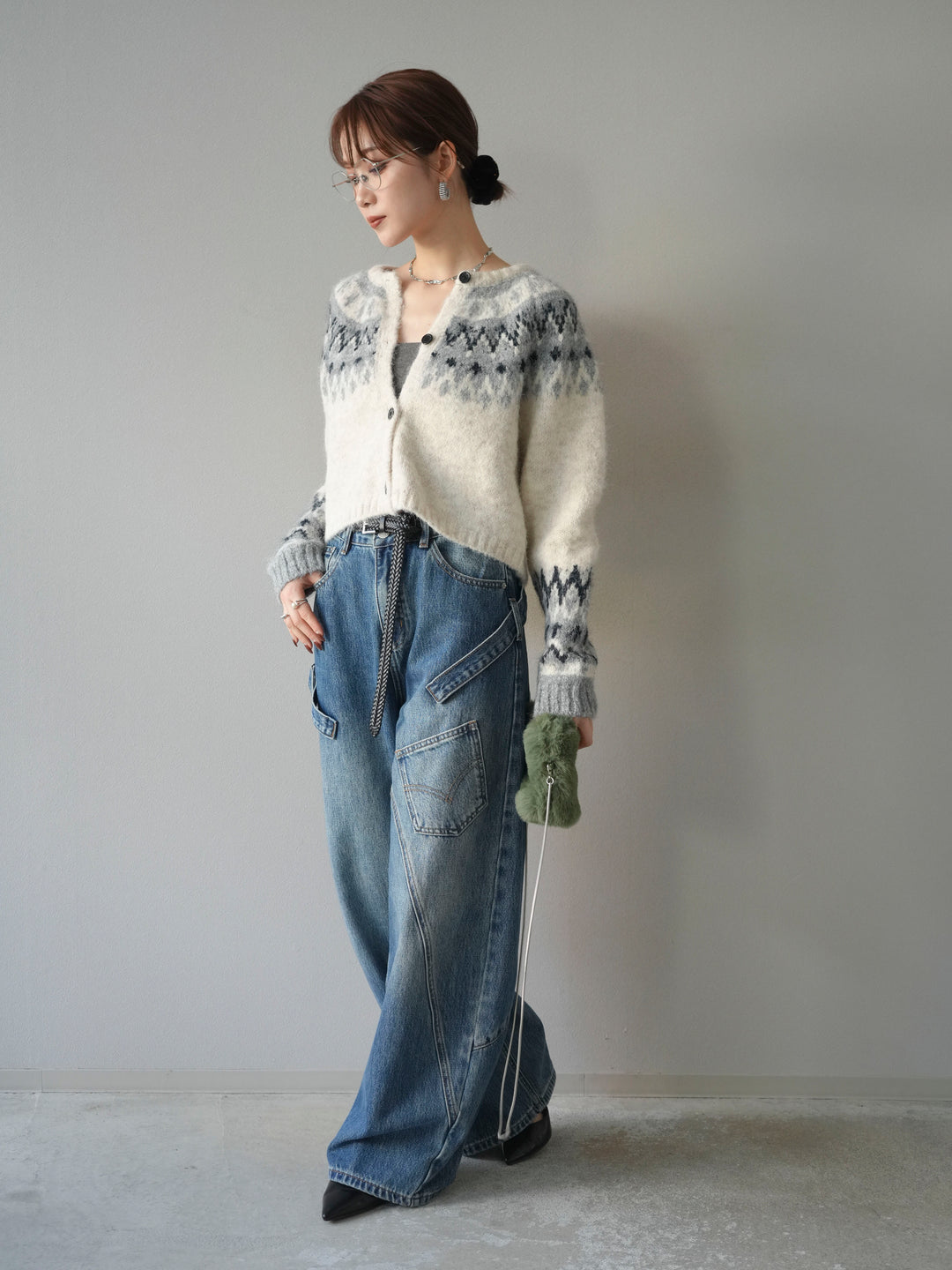 【着回しセット】[SET]求心柄クロップドニットカーディガン+ミックスヤーンペイズリー柄ニットカーディガン+ペインターカーブデニムパンツ(3set)