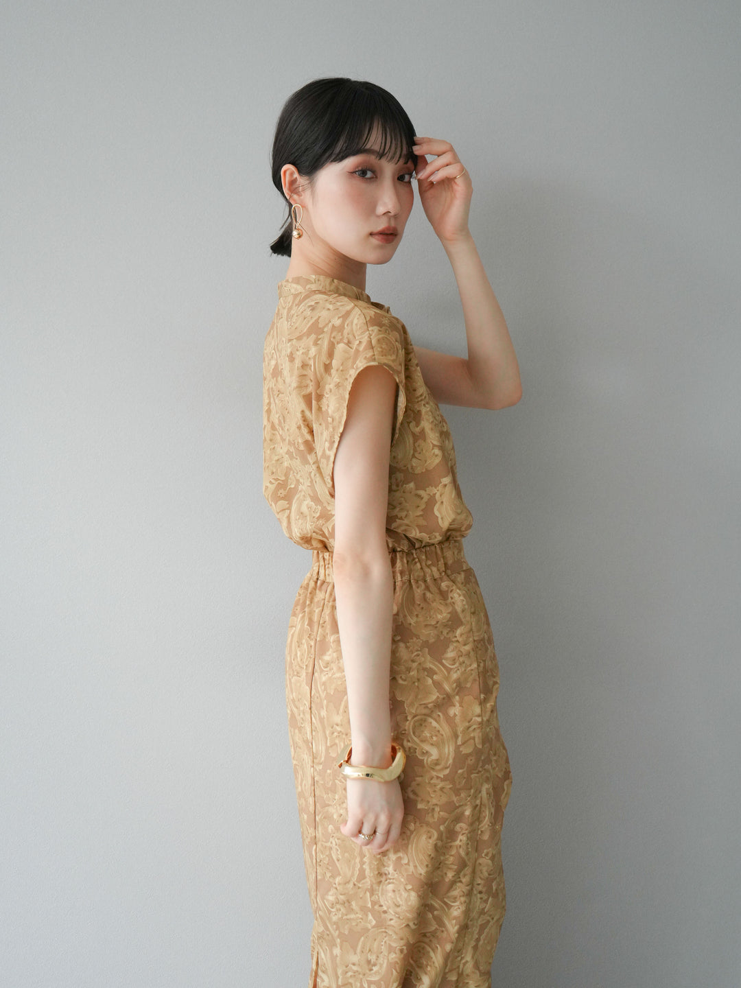 [SET]ペイズリープリントゴールドボタンブラウス+ペイズリープリントタックIラインスカート(2set)