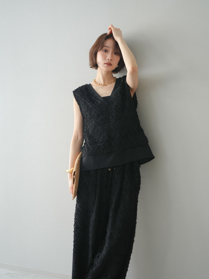 [SET]フリンジレイヤードVネックノースリーブ+フリンジイージーストレートパンツ(2set)