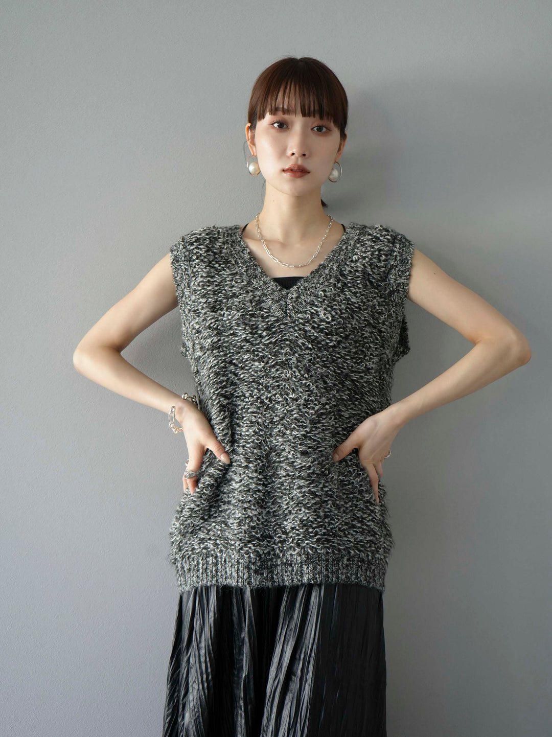 [預訂] 毛圈針織背心/黑