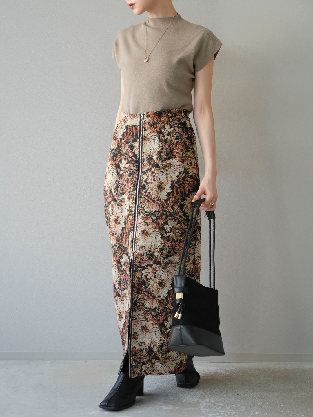 [SET]プチネックフレンチニットトップス+ゴブランフロントジップタイトスカート(2set)