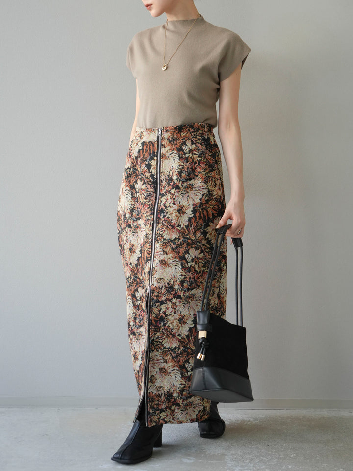 [SET]プチネックフレンチニットトップス+ゴブランフロントジップタイトスカート(2set)