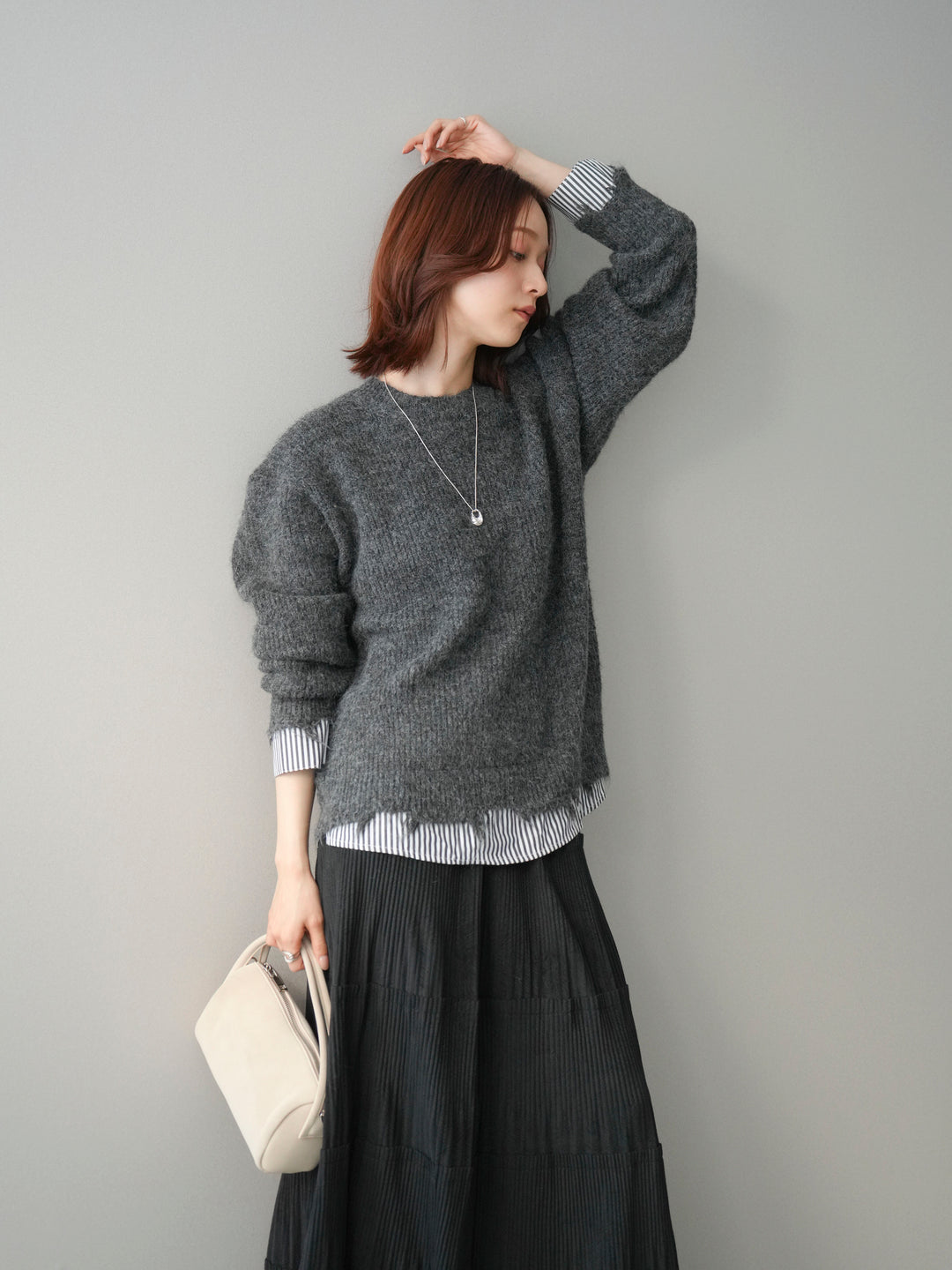 [予約]裾シャツレイヤードダメージニットプルオーバー/darkgrey