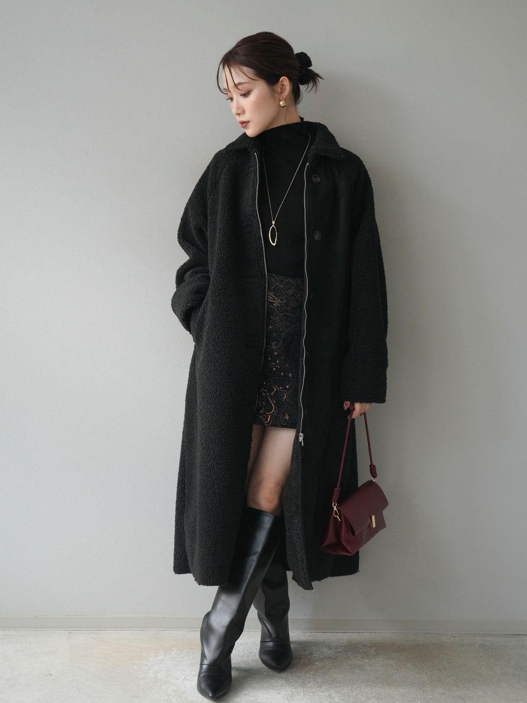 [予約]ボアxムートンロングコート/black